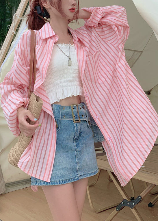 Loose Pink Button Pockets Cotton Blouses Long Sleeve Re013
