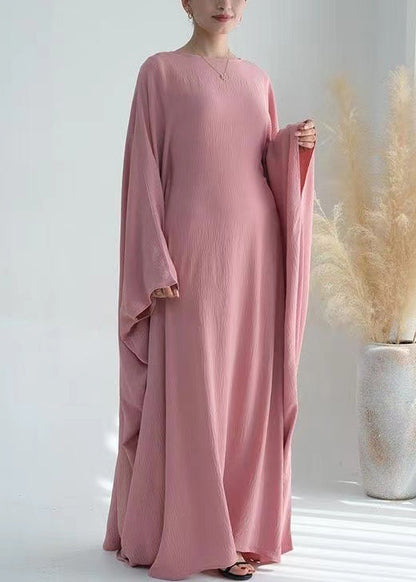 Loose Pink O Neck Ice Silk Maxi Dresses Batwing Sleeve Aa1051