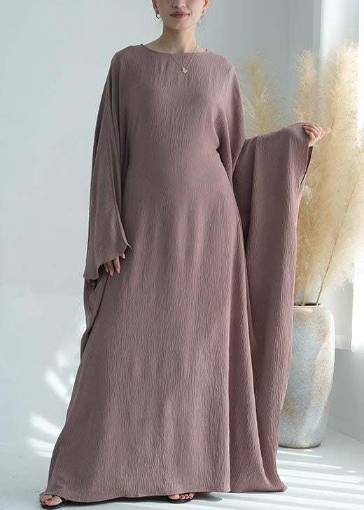 Loose Pink O Neck Ice Silk Maxi Dresses Batwing Sleeve Aa1051