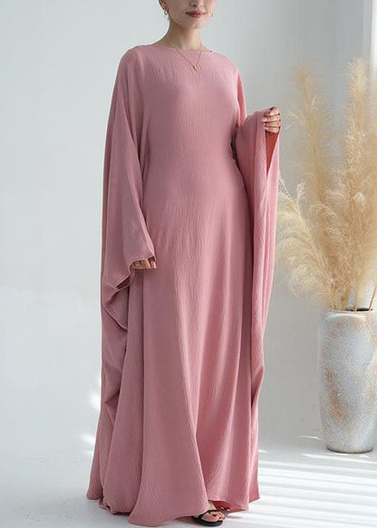 Loose Pink O Neck Ice Silk Maxi Dresses Batwing Sleeve Aa1051