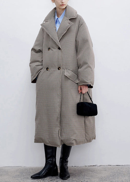Loose Plaid Notched Double Breast Duck Down Long Coats Winter Yw033