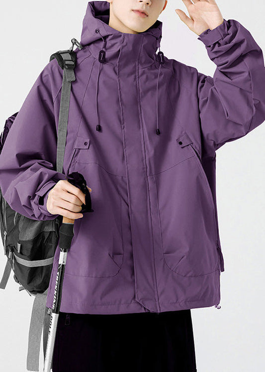 Hooded Loose Cotton Drawstring Pockets Purple Spring Coat