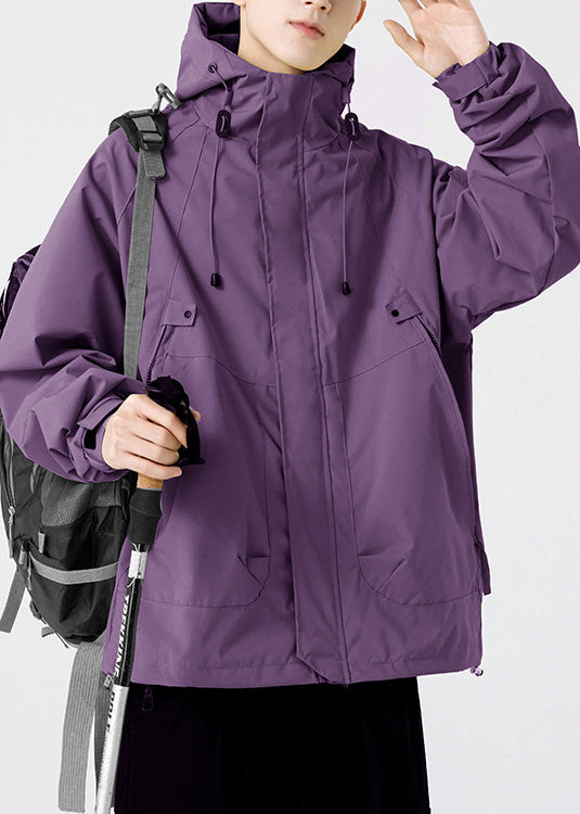 Hooded Loose Cotton Drawstring Pockets Purple Spring Coat