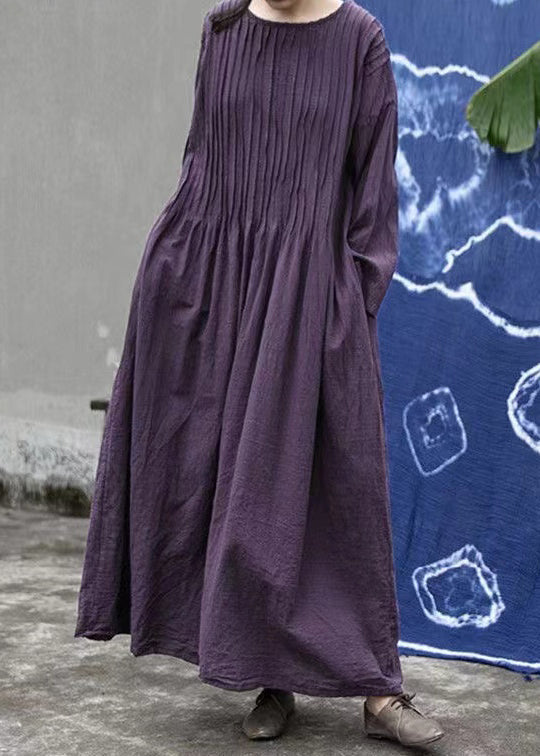 Loose Purple O Neck Wrinkled Linen Long Dress Long Sleeve Mn083