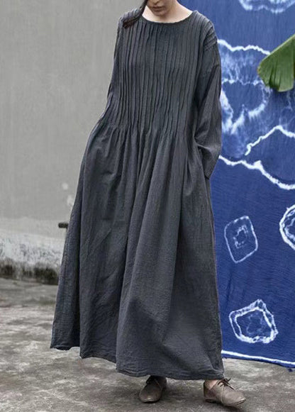 Loose Purple O Neck Wrinkled Linen Long Dress Long Sleeve Mn083