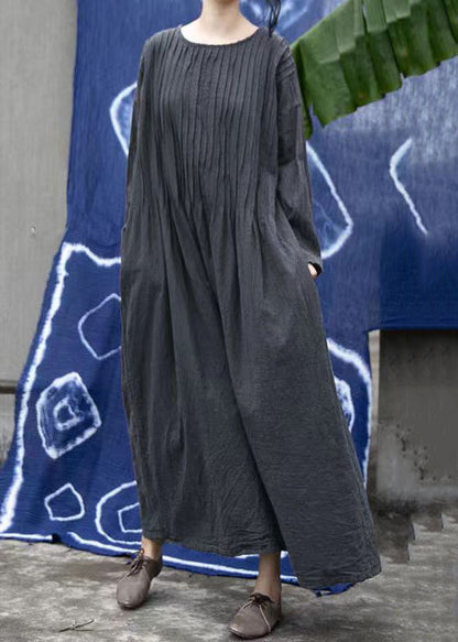 Loose Purple O Neck Wrinkled Linen Long Dress Long Sleeve Mn083