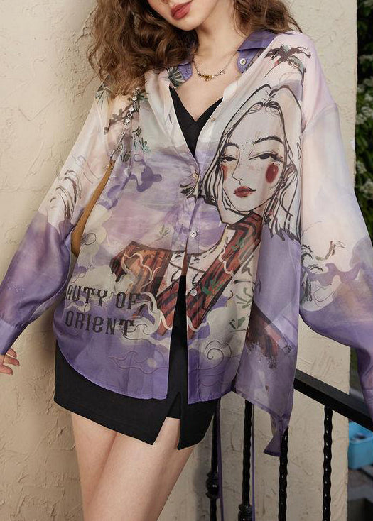 Loose Purple Peter Pan Collar Print Chiffon Blouses Long Sleeve Kk024