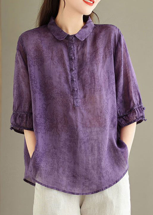 Loose Purple Peter Pan Collar Print Linen Blouses Half Sleeve Gg056