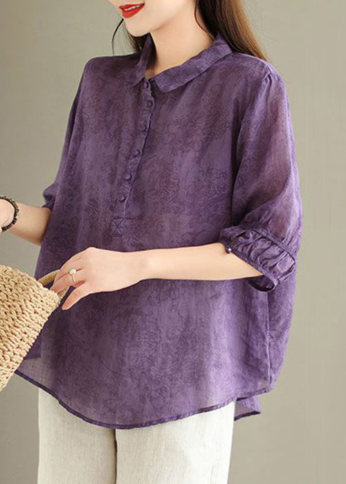 Loose Purple Peter Pan Collar Print Linen Blouses Half Sleeve Gg056