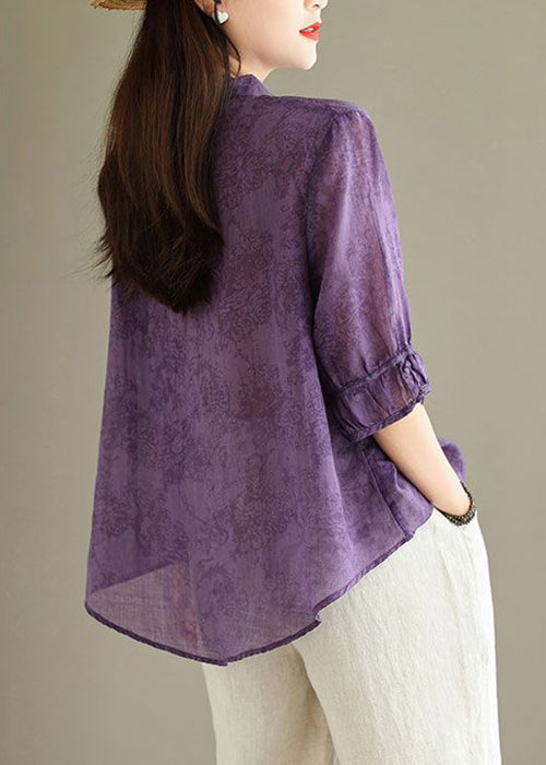 Loose Purple Peter Pan Collar Print Linen Blouses Half Sleeve Gg056