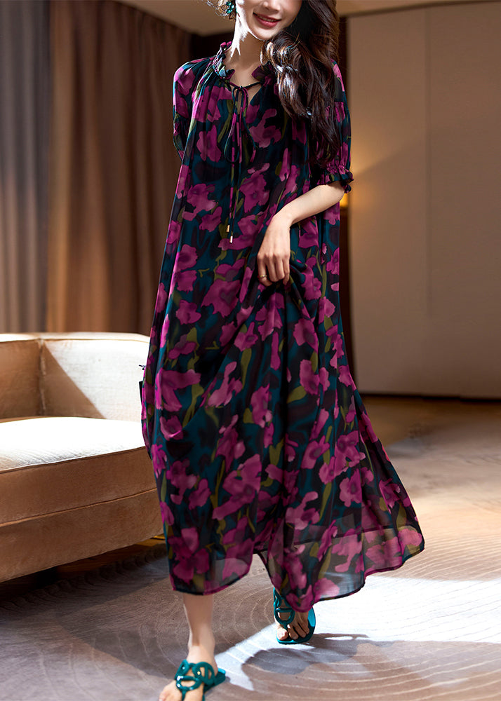 Loose Purple Print Ruffled Lace Up Chiffon Long Dresses Summer Op1088