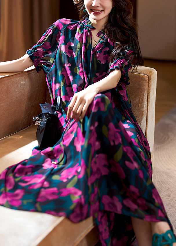 Loose Purple Print Ruffled Lace Up Chiffon Long Dresses Summer Op1088