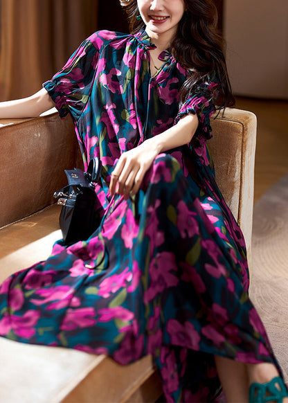 Loose Purple Print Ruffled Lace Up Chiffon Long Dresses Summer Op1088