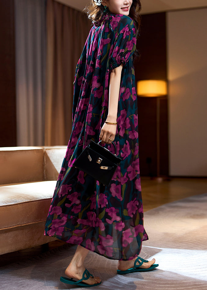 Loose Purple Print Ruffled Lace Up Chiffon Long Dresses Summer Op1088