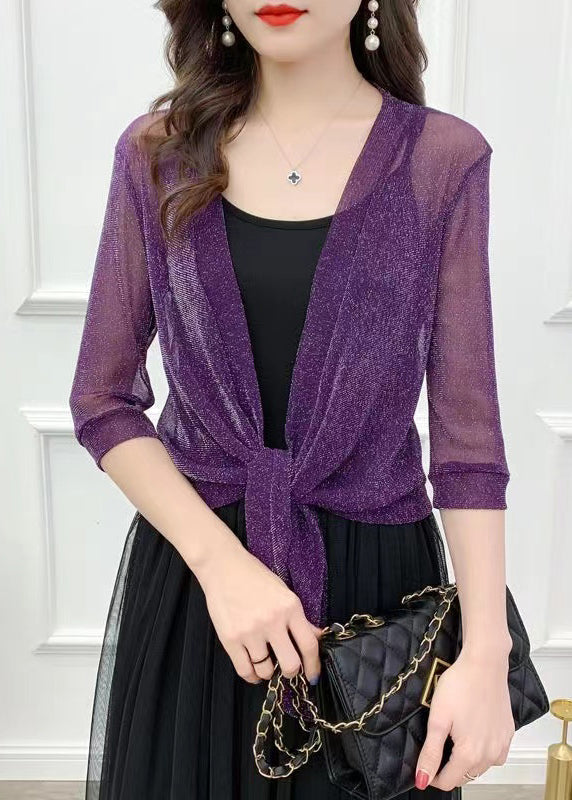 Loose Purple V Neck Bright Silk Tulle Cardigans Summer As1025