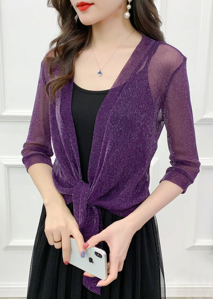 Loose Purple V Neck Bright Silk Tulle Cardigans Summer As1025