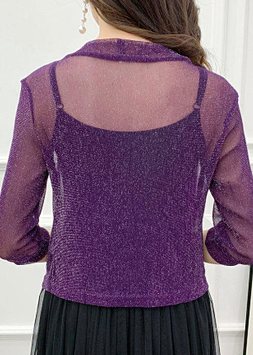 Loose Purple V Neck Bright Silk Tulle Cardigans Summer As1025