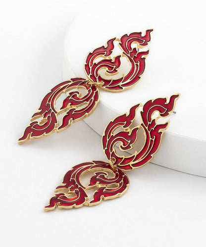 Loose Red Alloy Hollow Out Dripping Glaze Flame Drop Earrings