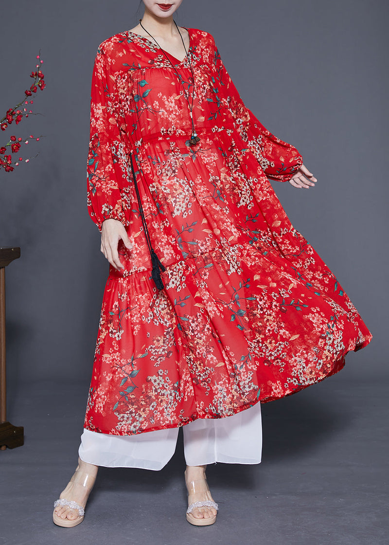 Loose Red Cinched Patchwork Print Chiffon Maxi Dress Spring Lc0422