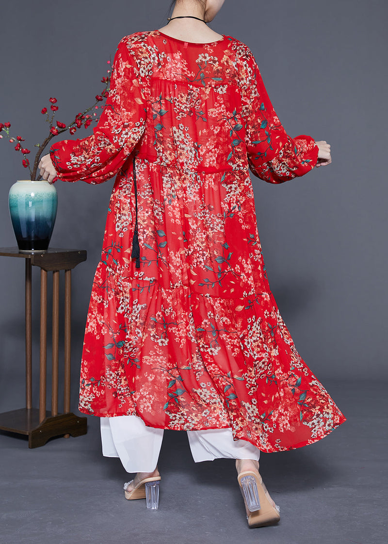 Loose Red Cinched Patchwork Print Chiffon Maxi Dress Spring Lc0422