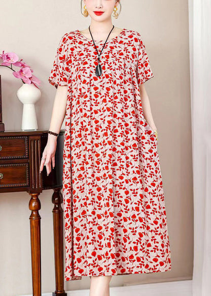 Loose Red Print Pockets Cotton Long Dresses Summer Qe019
