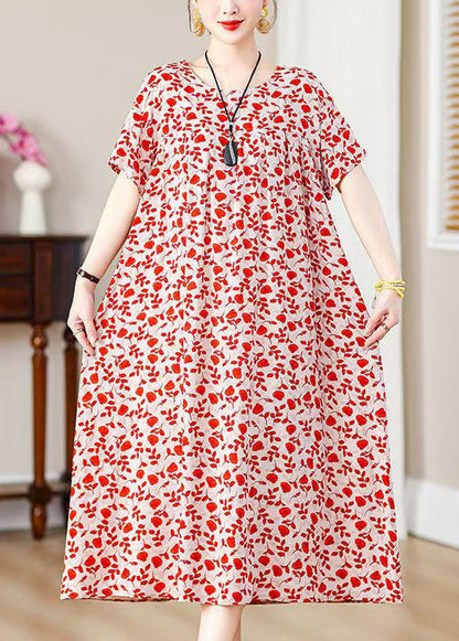 Loose Red Print Pockets Cotton Long Dresses Summer Qe019