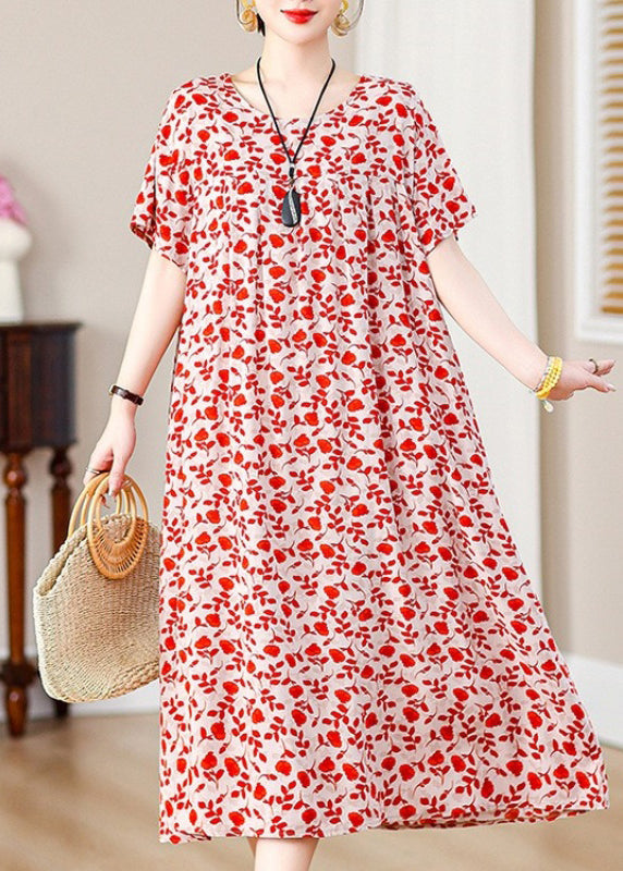 Loose Red Print Pockets Cotton Long Dresses Summer Qe019