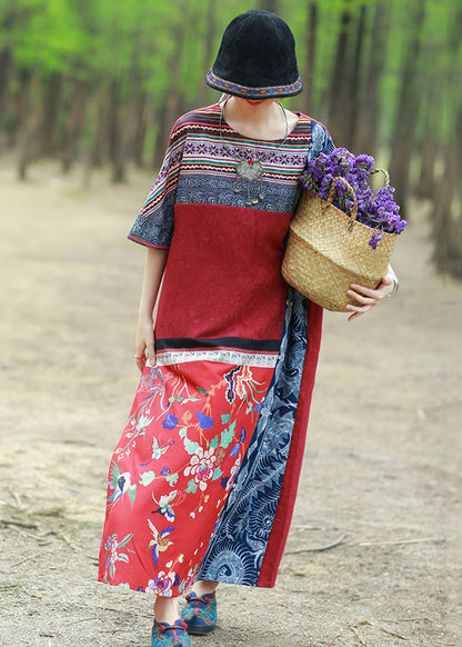Loose Red Print Pockets Patchwork Cotton Maxi Dresses Half Sleeve Kk096