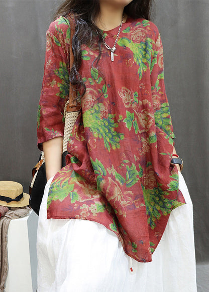 Loose Red Print Side Open Cotton Blouses Summer Gg060