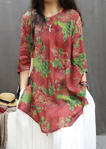 Loose Red Print Side Open Cotton Blouses Summer Gg060