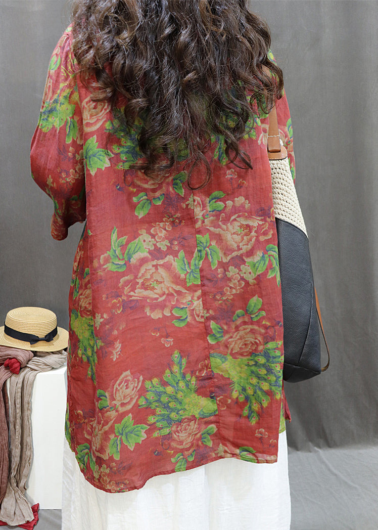 Loose Red Print Side Open Cotton Blouses Summer Gg060
