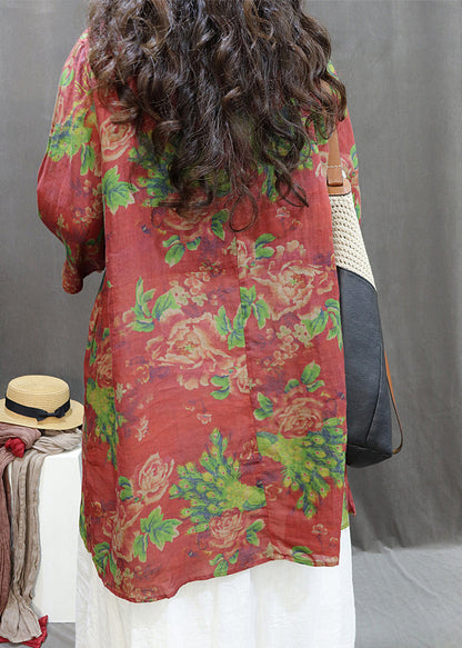 Loose Red Print Side Open Cotton Blouses Summer Gg060