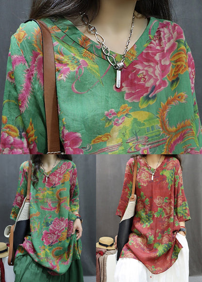 Loose Red Print Side Open Cotton Blouses Summer Gg060