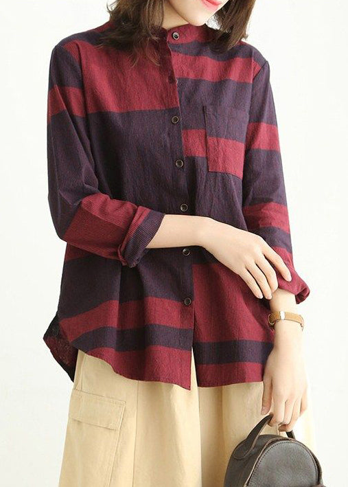 Loose Red Stand Collar Button Cotton Blouses Long Sleeve Vv072