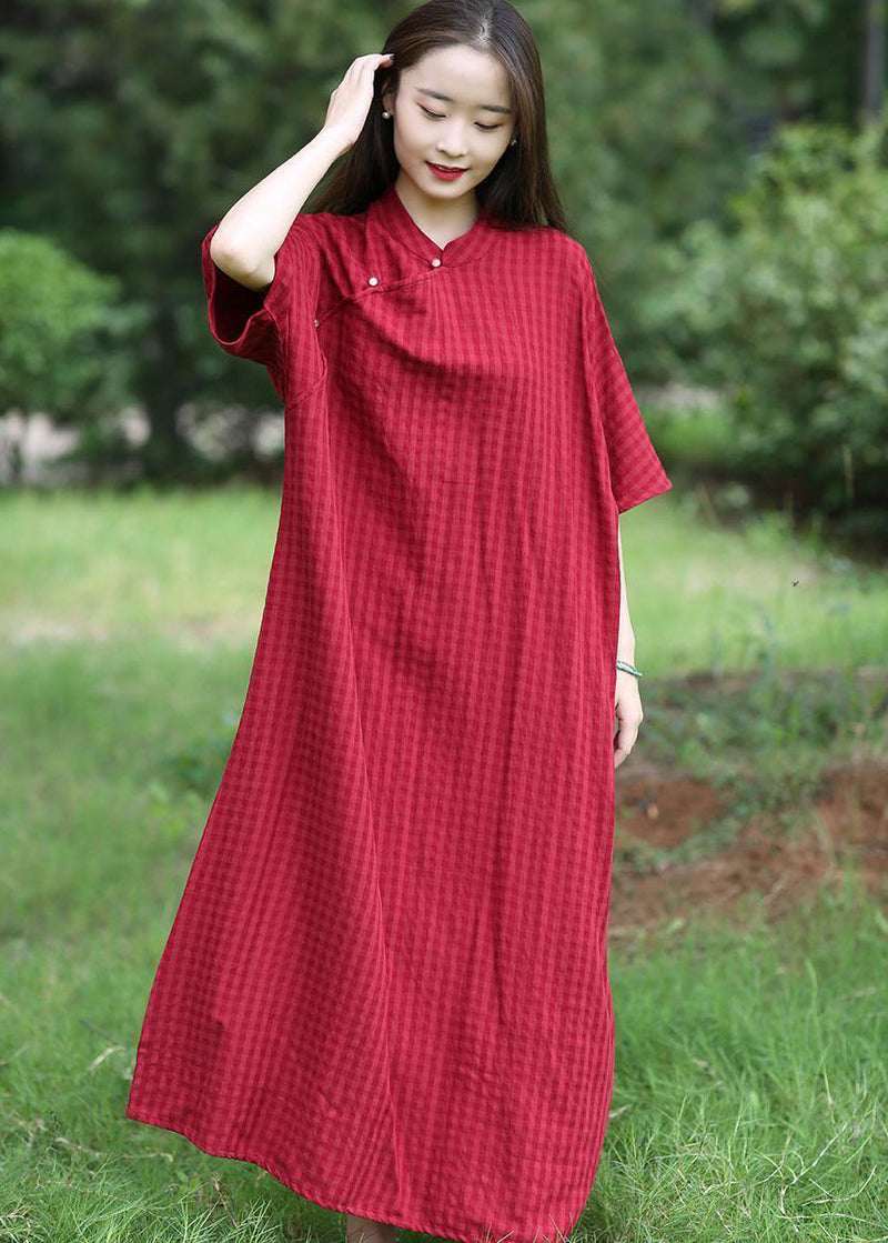 Loose Red Stand Collar Button Linen Long Dresses Summer Mn055
