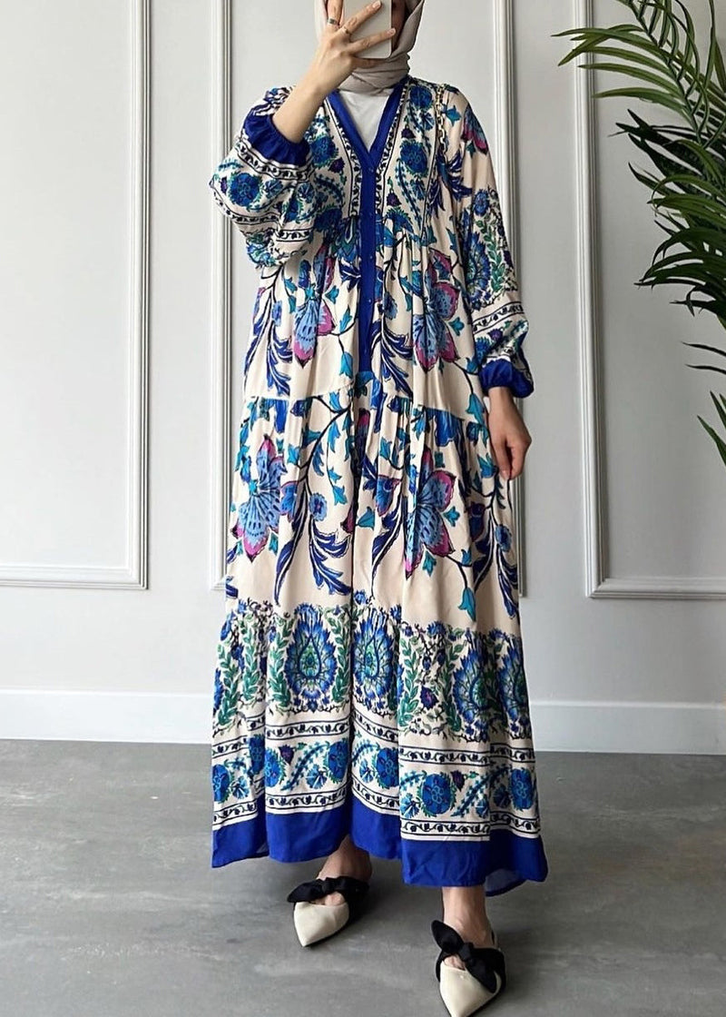Loose Red V Neck Button Print Cotton Long Dress Long Sleeve Aa1012
