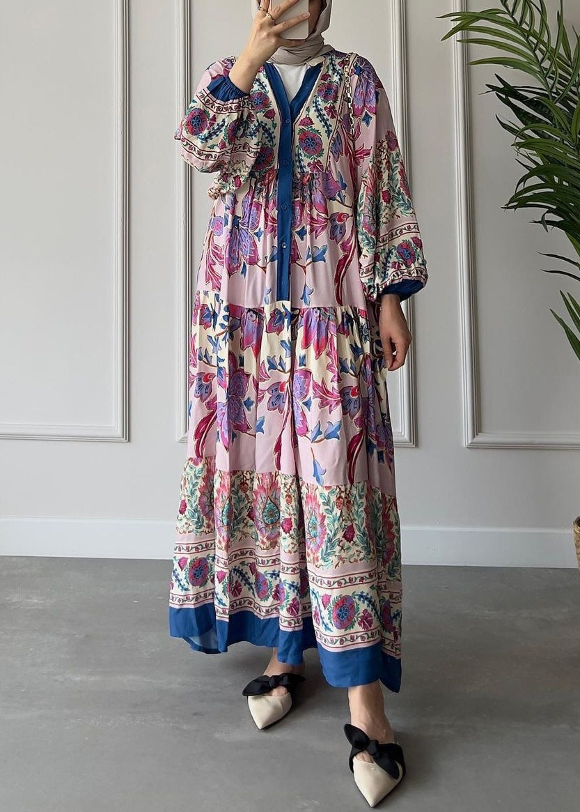Loose Red V Neck Button Print Cotton Long Dress Long Sleeve Aa1012