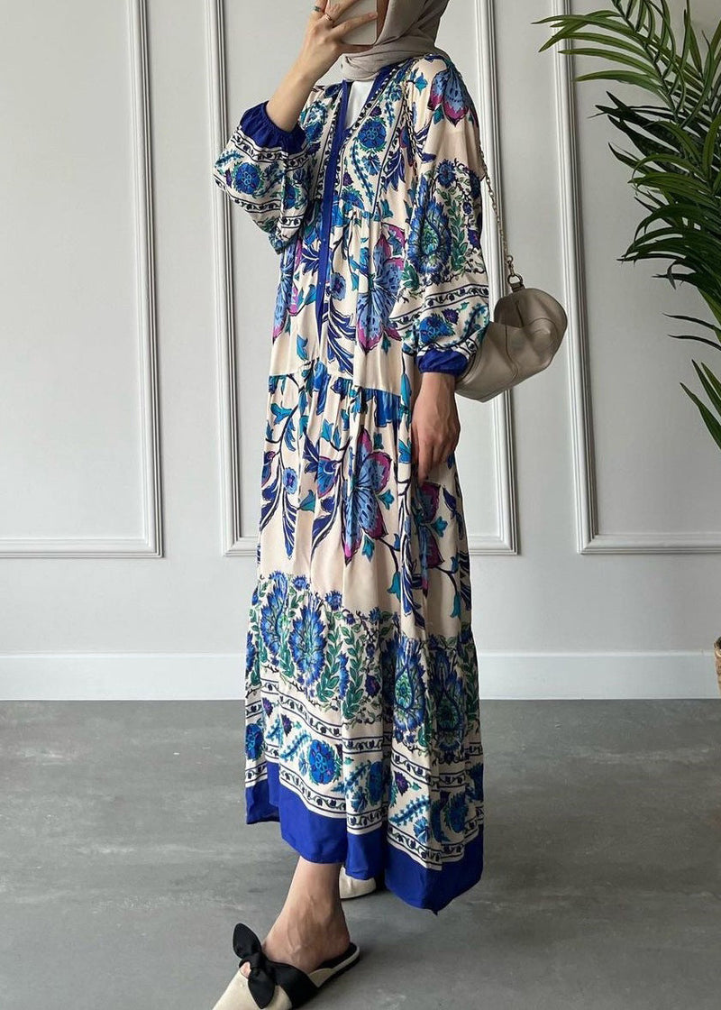 Loose Red V Neck Button Print Cotton Long Dress Long Sleeve Aa1012