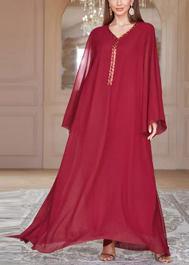 Loose Red V Neck Sequins Chiffon Maxi Dresses Spring Aa1002