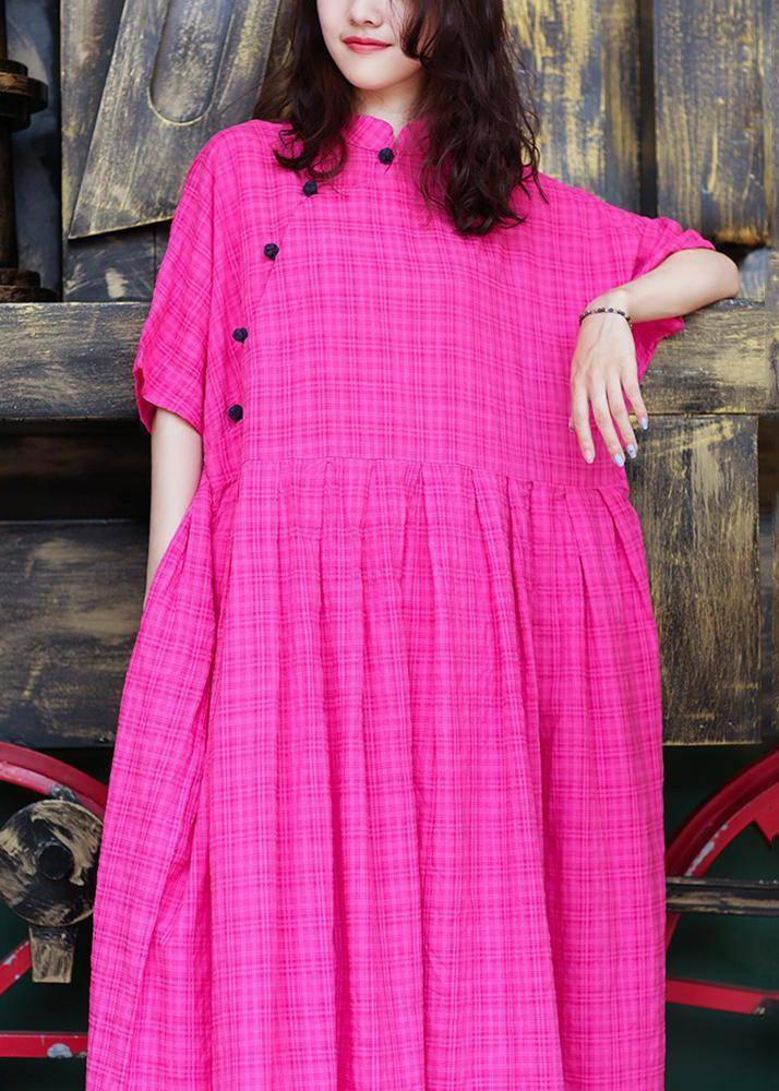 Loose Rose Button Pockets Linen Long Dresses Summer Mn047