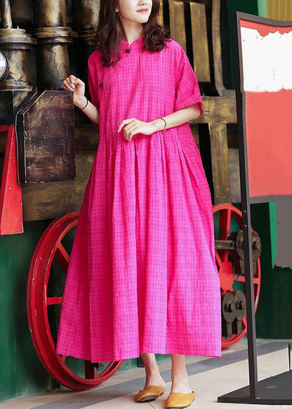 Loose Rose Button Pockets Linen Long Dresses Summer Mn047