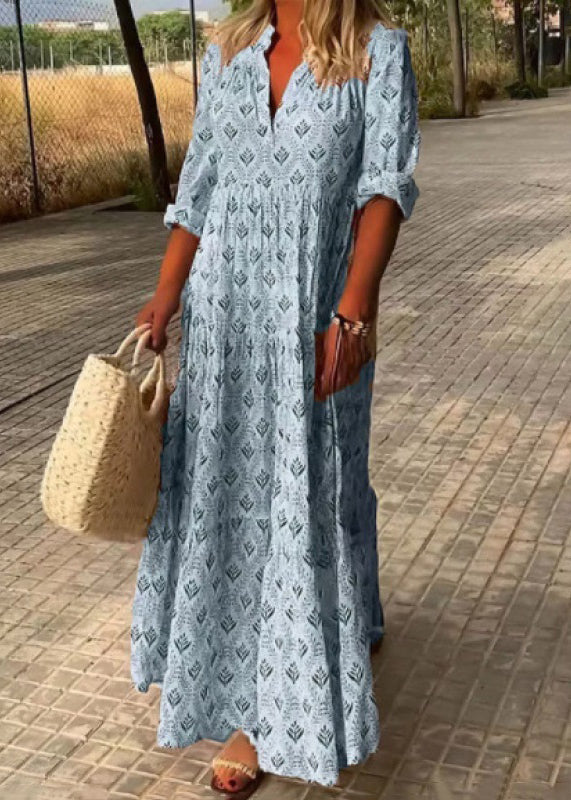 Loose Sky Blue V Neck Print Maxi Dresses Fall Qa031