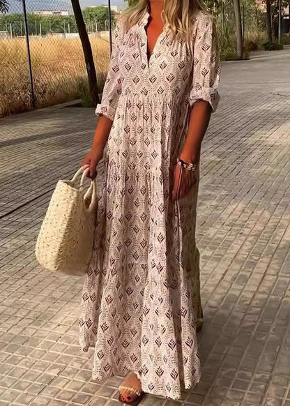 Loose Sky Blue V Neck Print Maxi Dresses Fall Qa031