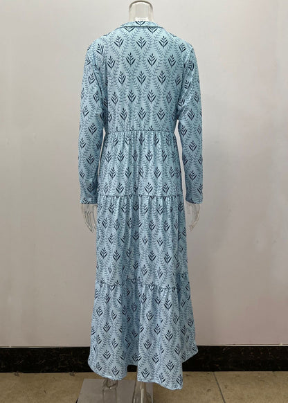Loose Sky Blue V Neck Print Maxi Dresses Fall Qa031