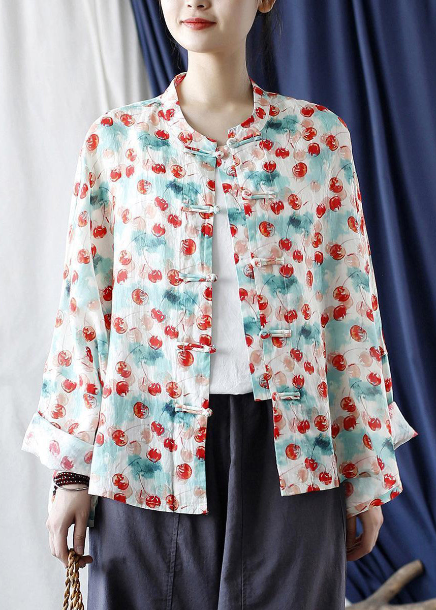 Loose Stand Collar Print Button Linen Blouse Long Sleeve Vv053
