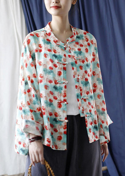 Loose Stand Collar Print Button Linen Blouse Long Sleeve Vv053