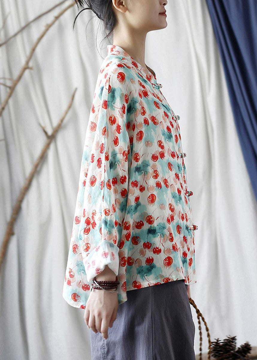 Loose Stand Collar Print Button Linen Blouse Long Sleeve Vv053