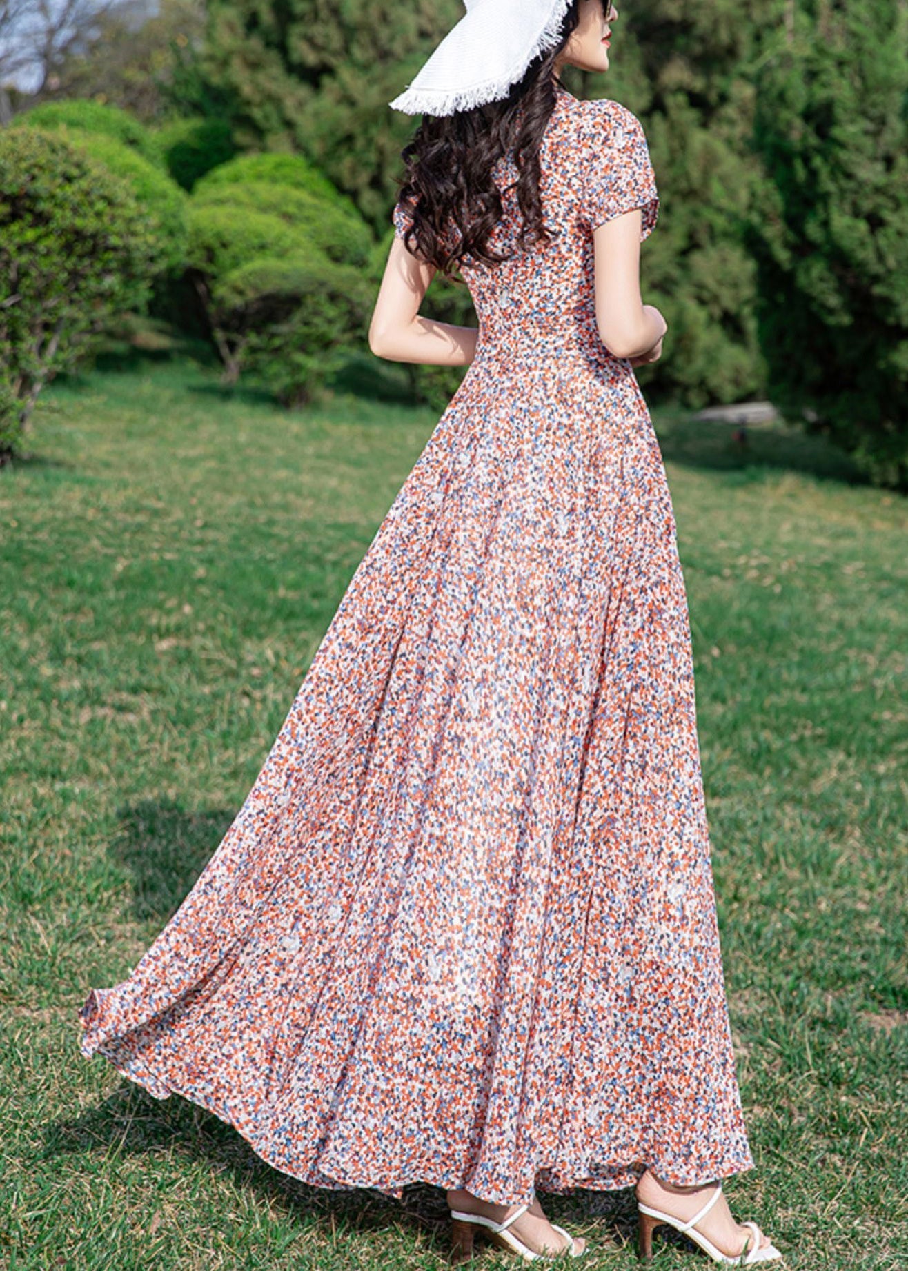 Loose Stand Collar Print Tunic Chiffon Long Dress Summer Ly1710