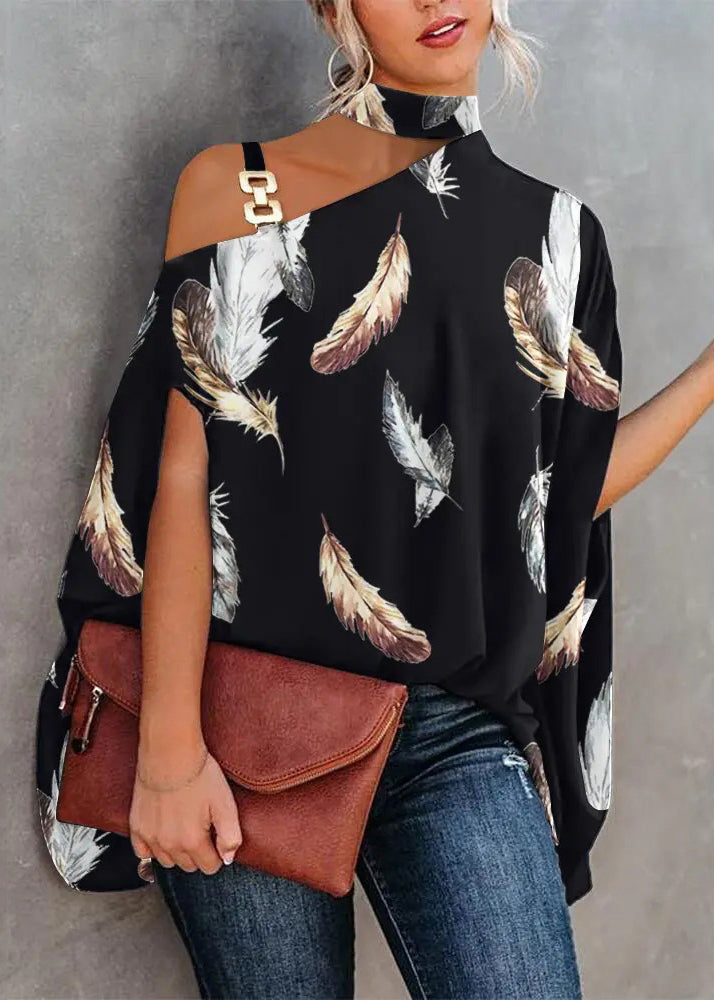 Loose White Asymmetrical Print Cotton Blouses Summer Tl026