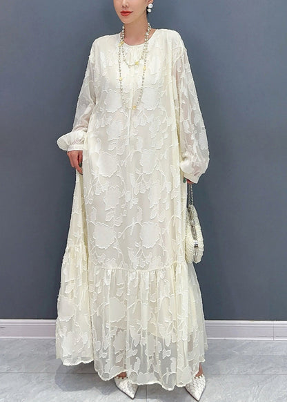 Loose White O Neck Print Tie Waist Maxi Dresses Fall Ar1036
